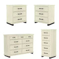 Festivo 4pc Contemporary Bedroom Chest and Dresser and Nightstand Set Saw Cut Off-White: Modern Design, MDF, Metal Base