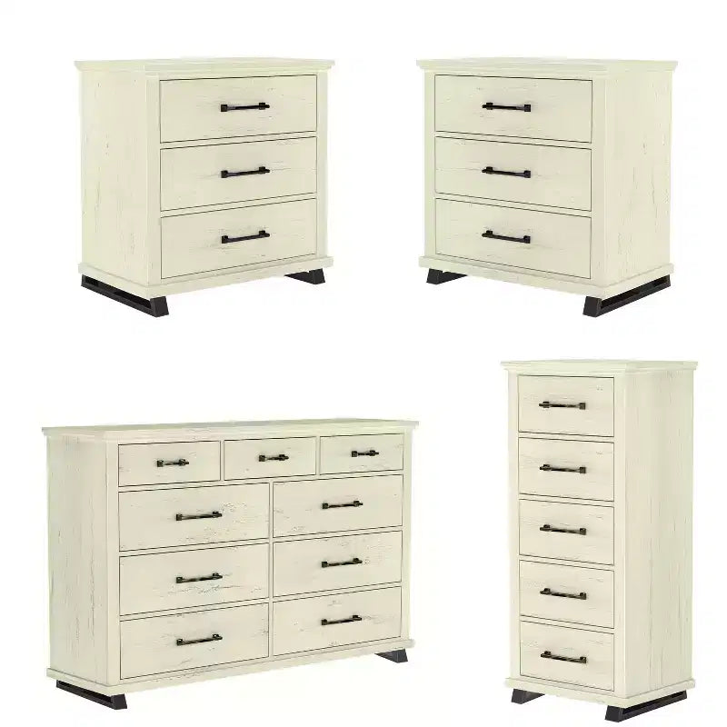 Festivo 4pc Contemporary Bedroom Chest and Dresser and Nightstand Set Saw Cut Off-White: Modern Design, MDF, Metal Base