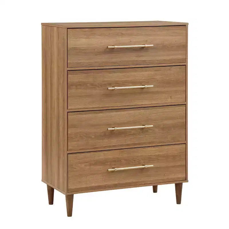 Cassettiera a 4 cassetti Mid-Century Rovere Chiaro - Legno di gomma, Gambe affusolate, Ferramenta antiribaltamento