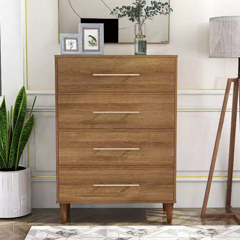 Cassettiera a 4 cassetti Mid-Century Rovere Chiaro - Legno di gomma, Gambe affusolate, Ferramenta antiribaltamento