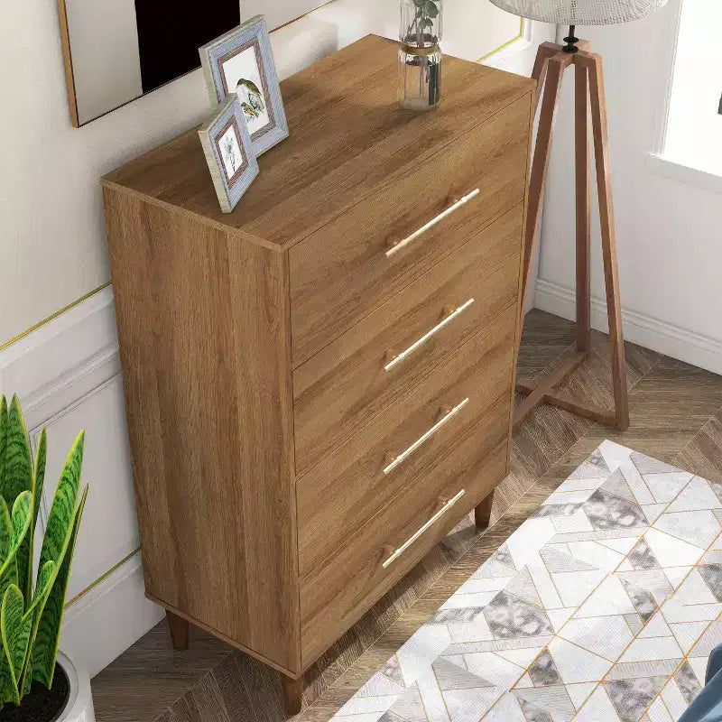 Cassettiera a 4 cassetti Mid-Century Rovere Chiaro - Legno di gomma, Gambe affusolate, Ferramenta antiribaltamento