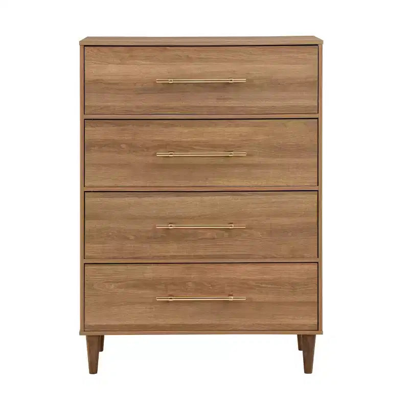 Cassettiera a 4 cassetti Mid-Century Rovere Chiaro - Legno di gomma, Gambe affusolate, Ferramenta antiribaltamento