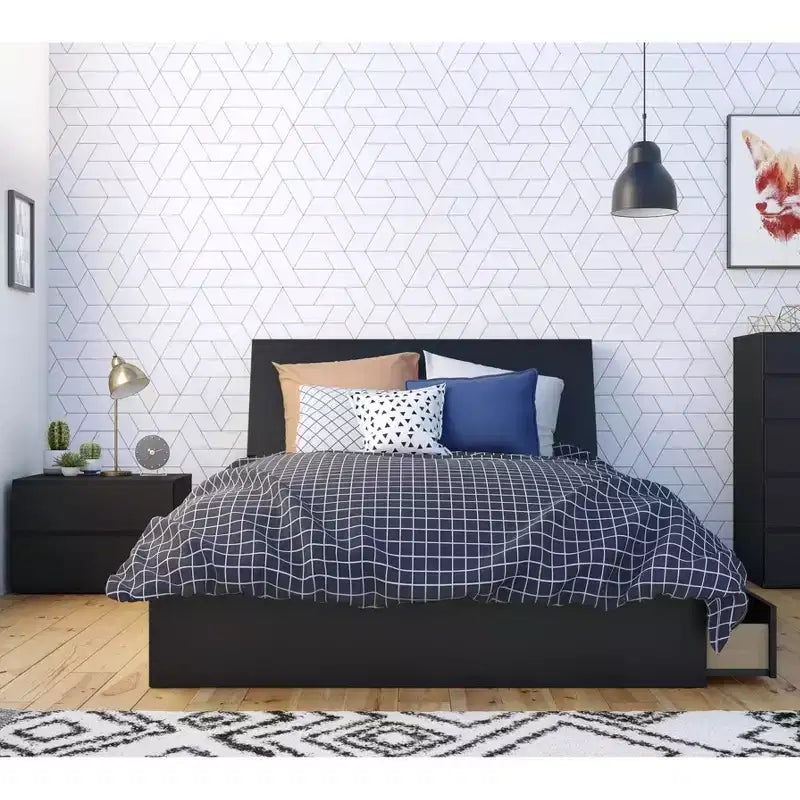 3pc Full Epik Bedroom Set with Headboard Extension Panels Black - Nexera: Modern Contemporary Style, Includes Nightstand