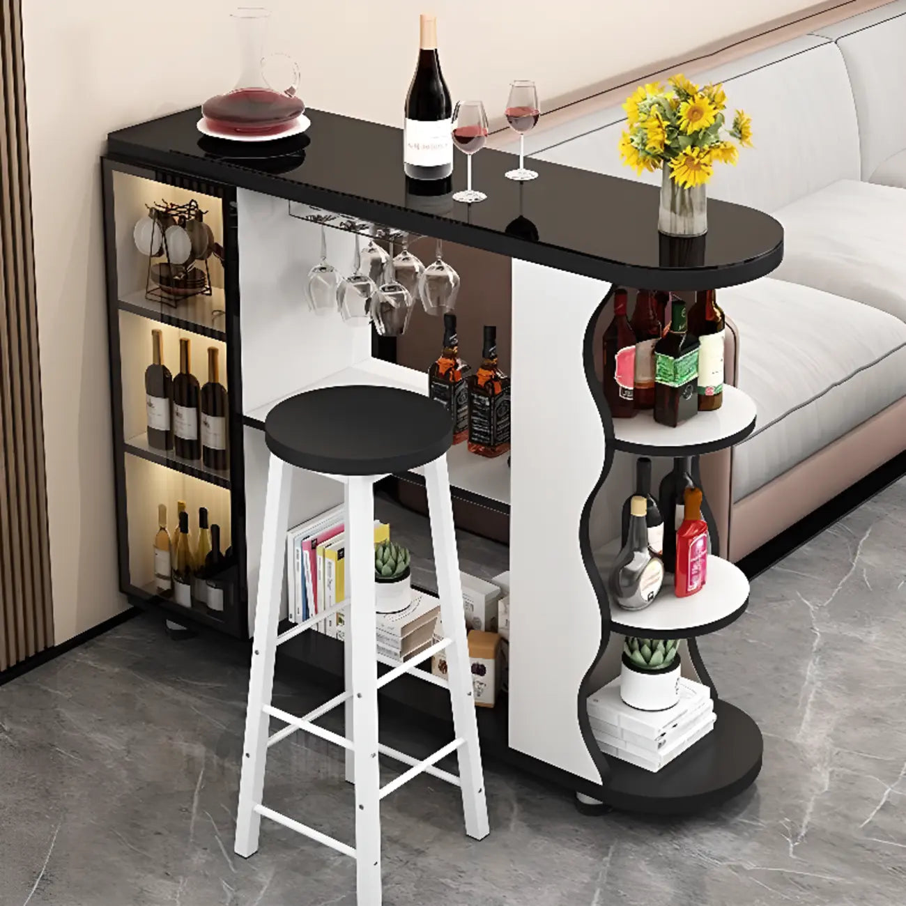 Tavolo da bar a forma libera con top in pietra moderna e contenitore per bar domestici