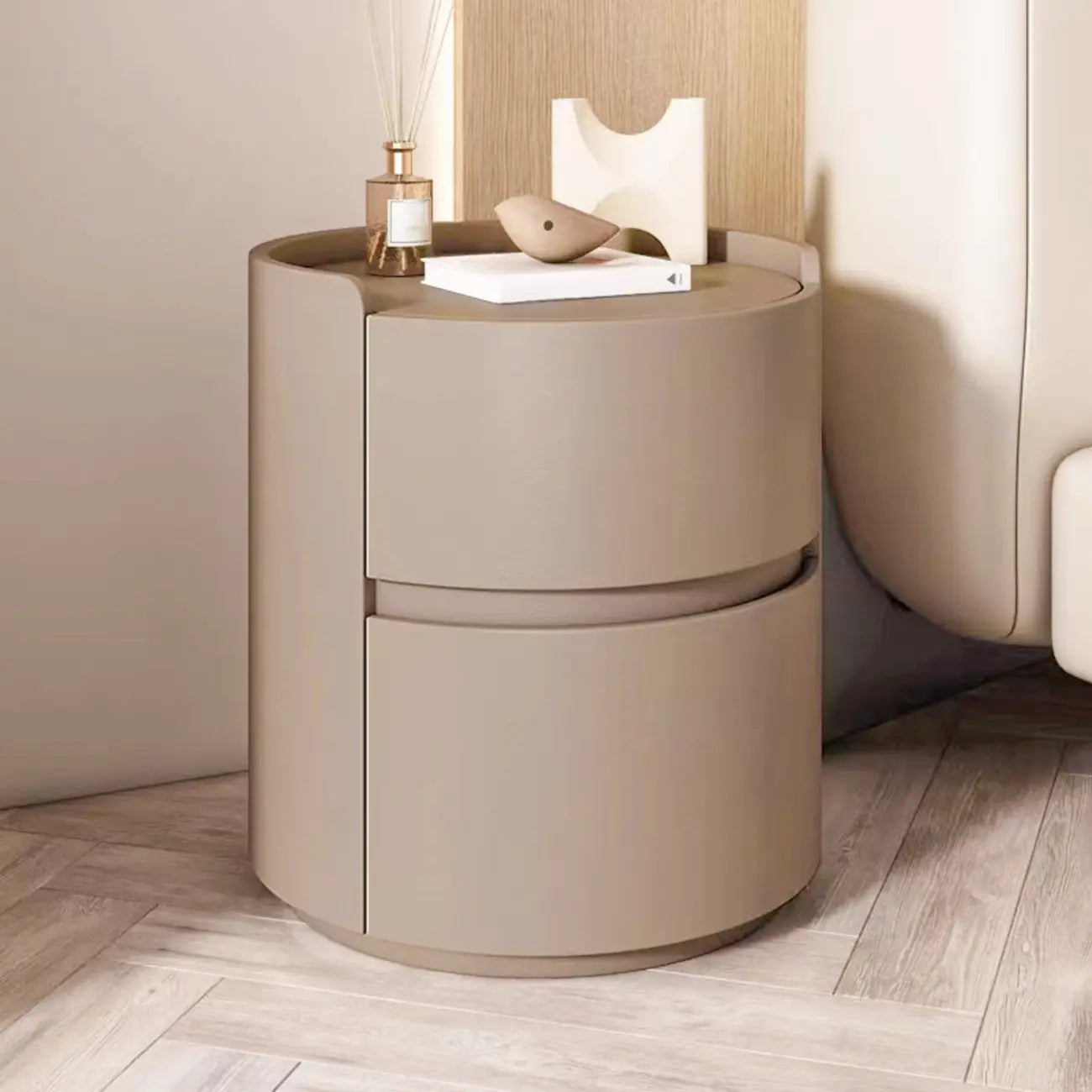 Comodino rotondo a 2 cassetti in pelle moderna