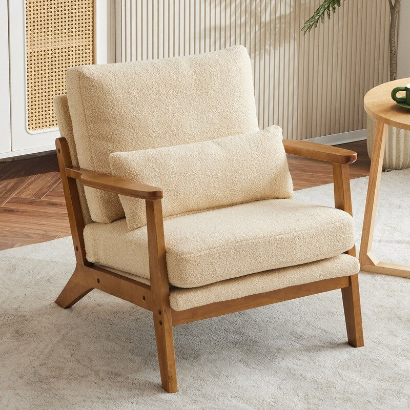 Poltrona d'accento rivestita in misto lino con gambe in legno e un cuscino, beige