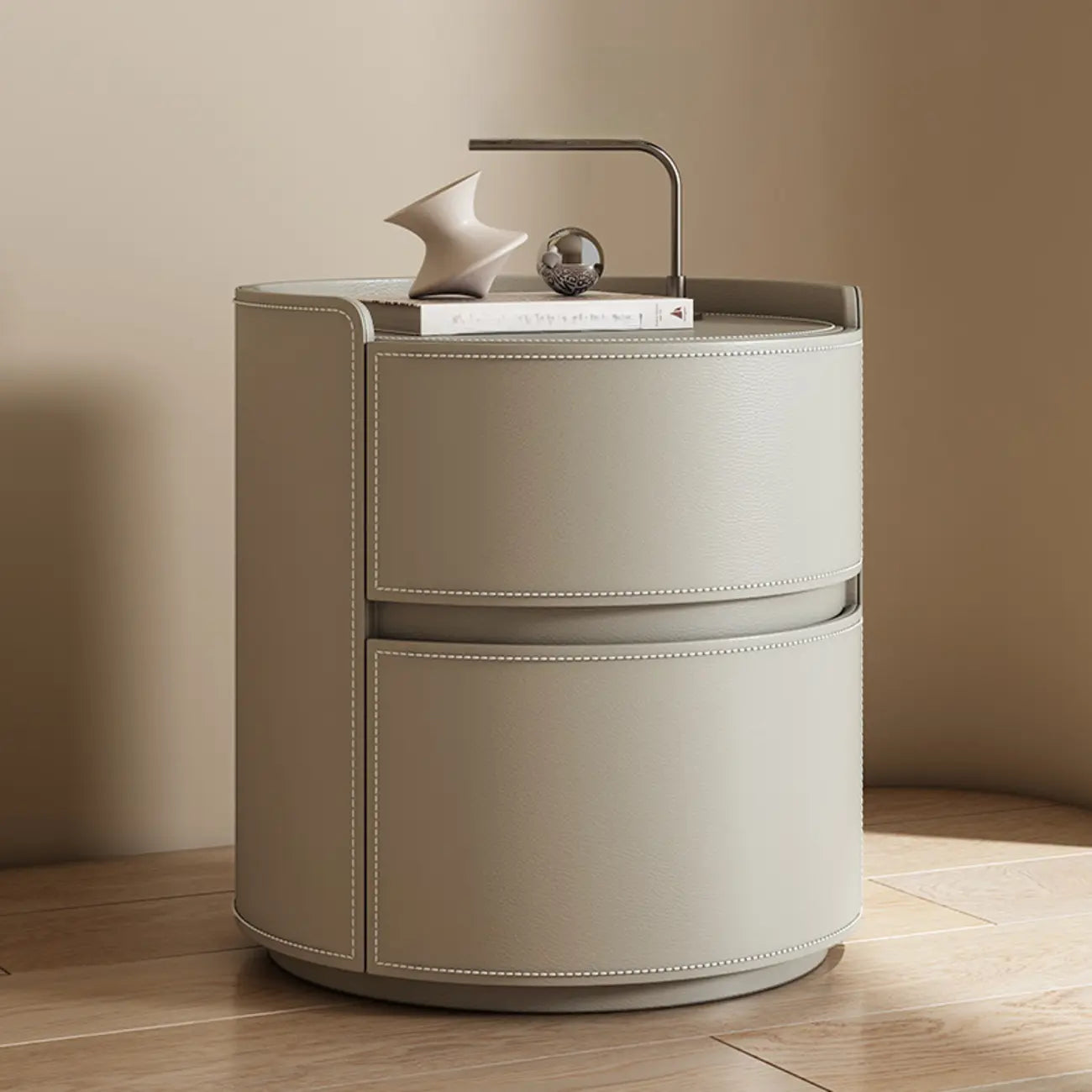 Comodino rotondo a 2 cassetti in pelle moderna