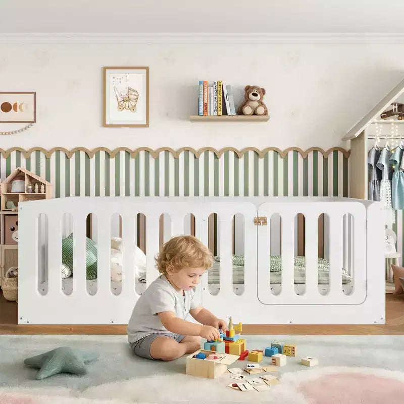 White Twin Montessori Floor Bed with Fence Rails & Door ??Solid Wood, 1 Child