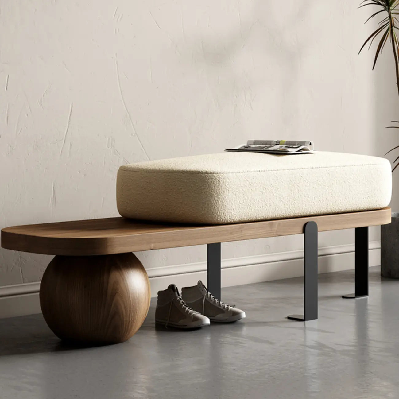 Panca bassa moderna in legno imbottita beige