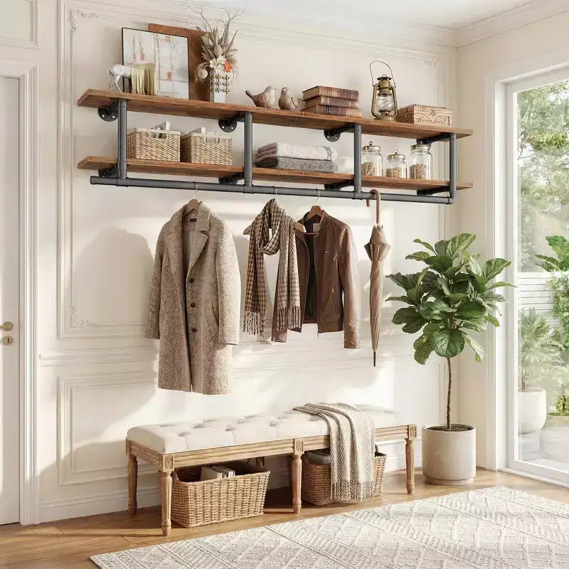 Besiost 2-Tier Clothing Rack with Hanging Rod, Clothing Shelves with Top Shelf