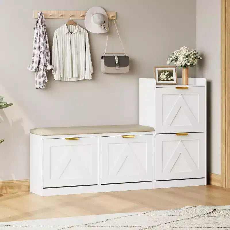 Shoe Storage Cabinet with Bench & 4 Flip Drawers - Narrow Entryway Organizer for 35-40 Pairs