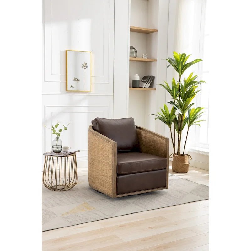 Poltrona a botte girevole, comoda poltrona rotonda d'accento, poltrona club a botte girevole a 360 gradi, poltrona relax con struttura in rattan intrecciato