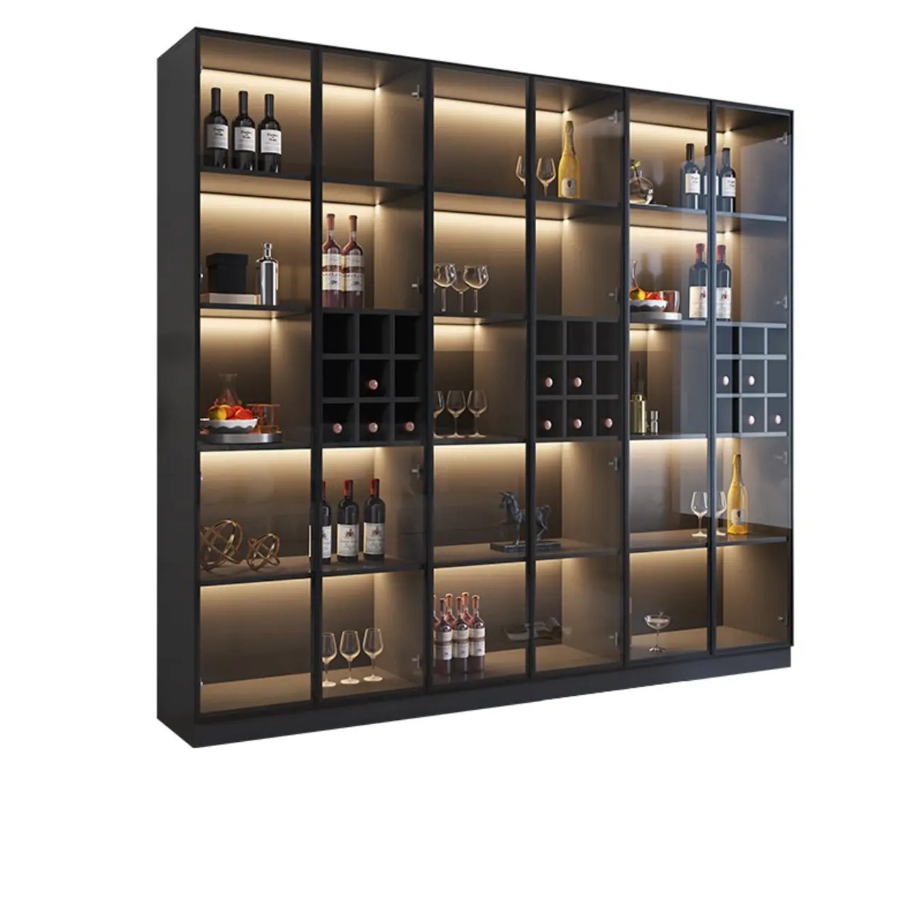 Mobile portabottiglie minimalista in legno nero con anta in vetro