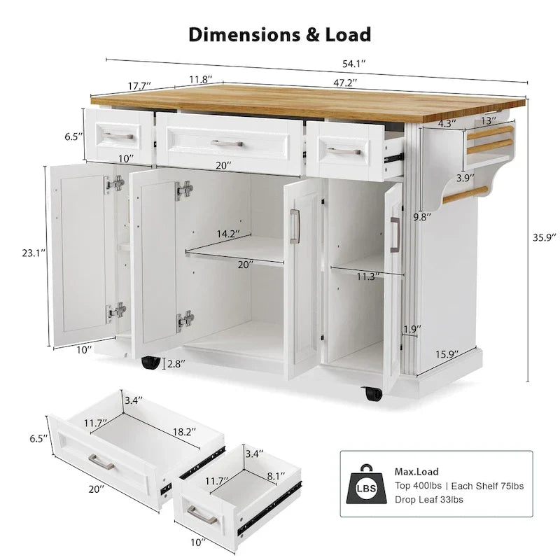 Grande isola da cucina con ribalta in legno, carrello da cucina arrotolabile con texture in rilievo, ante e cassetti con contenitore per cucina, bianco