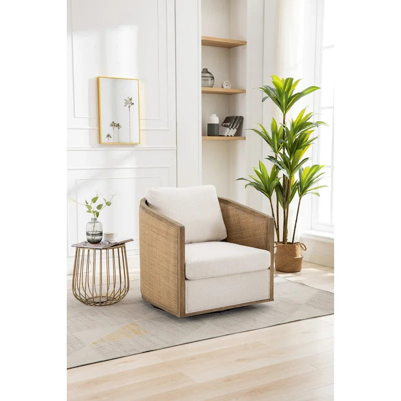 Poltrona a botte girevole, comoda poltrona rotonda d'accento, poltrona club a botte girevole a 360 gradi, poltrona relax con struttura in rattan intrecciato