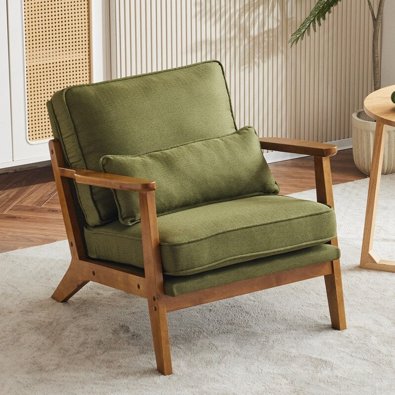 Poltrona d'accento rivestita in misto lino con gambe in legno e un cuscino, beige