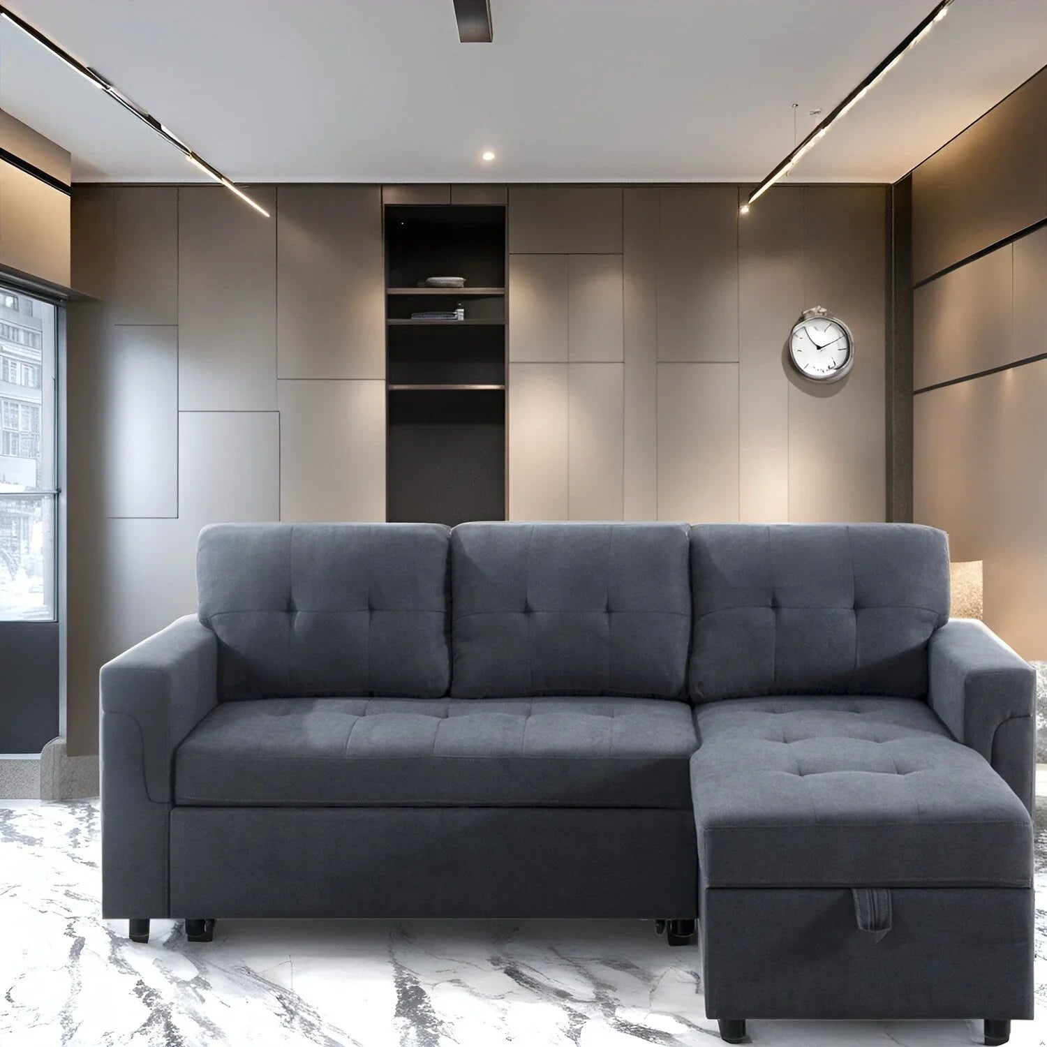 Divano sezionale reversibile con letto estraibile, chaise longue con contenitore nascosto, gambe durevoli,