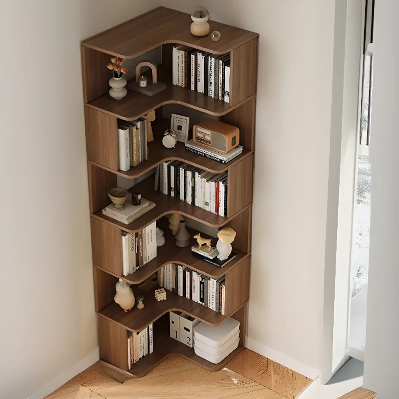 Libreria ad angolo in legno multistrato con 6 ripiani