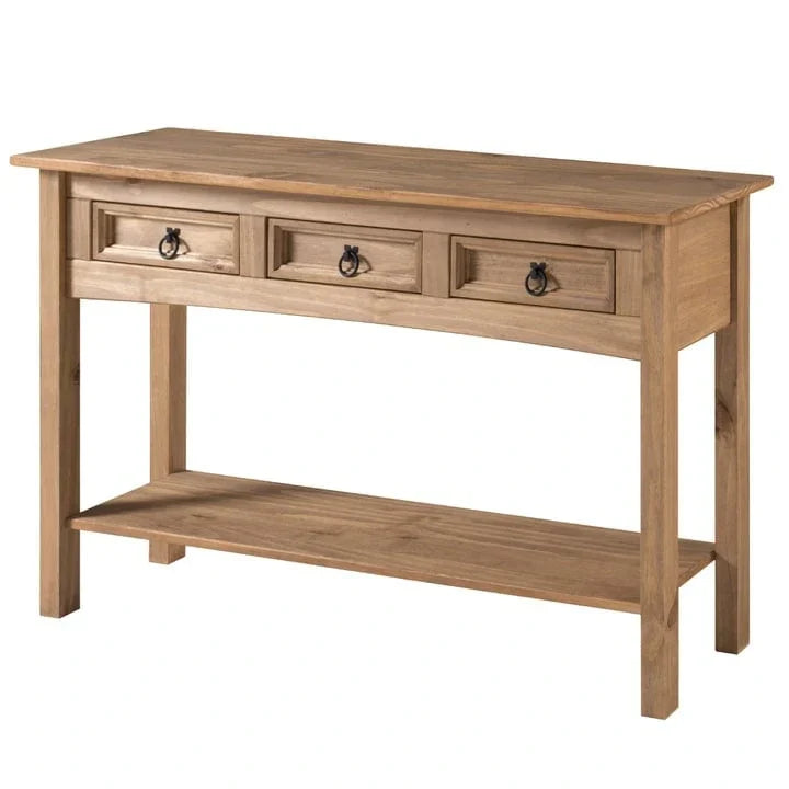 Tavolo Consolle Rustico in Pino Massiccio per Ingresso, Bianco Decapato / Marrone Antico / Grigio Decapato / Non Verniciato, 3 Cassetti