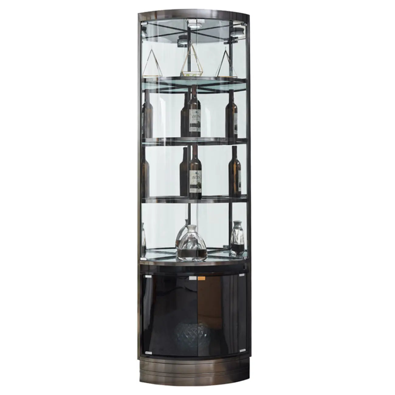 Mobile Bar Angolare con Scaffali Multipli in Vetro e Metallo per Esposizione