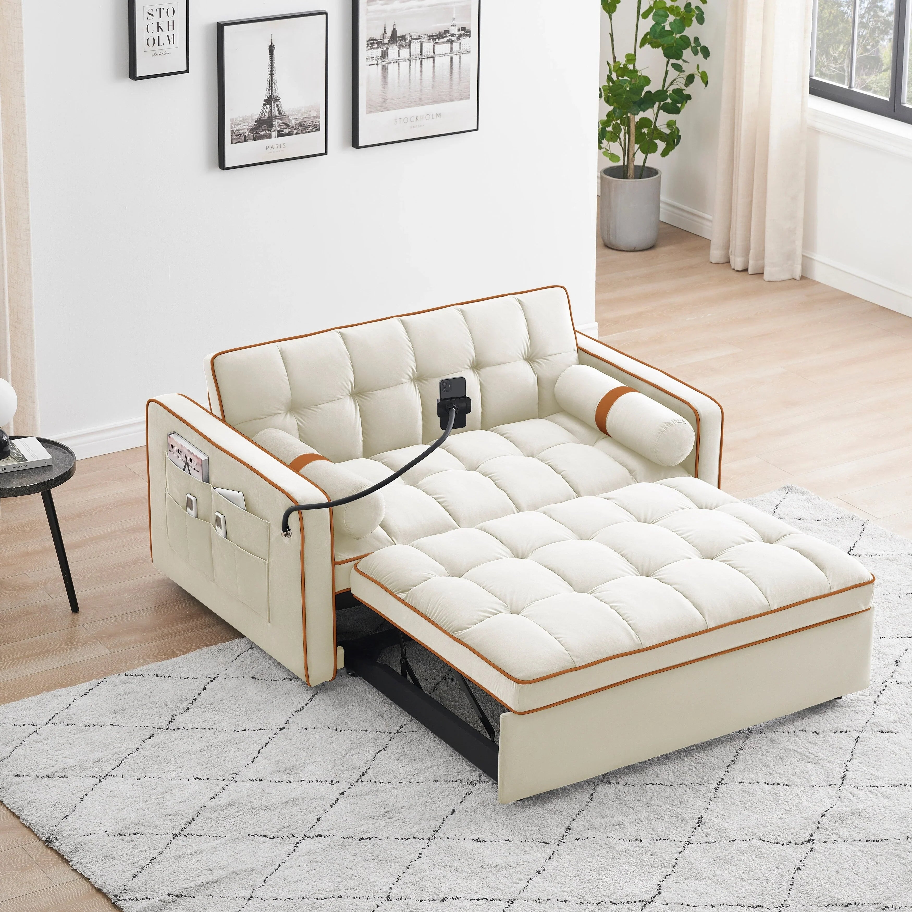 Divano letto trasformabile a 2 posti in velluto da 140 cm con letto estraibile, reclinabile, tasche laterali e supporto per telefono