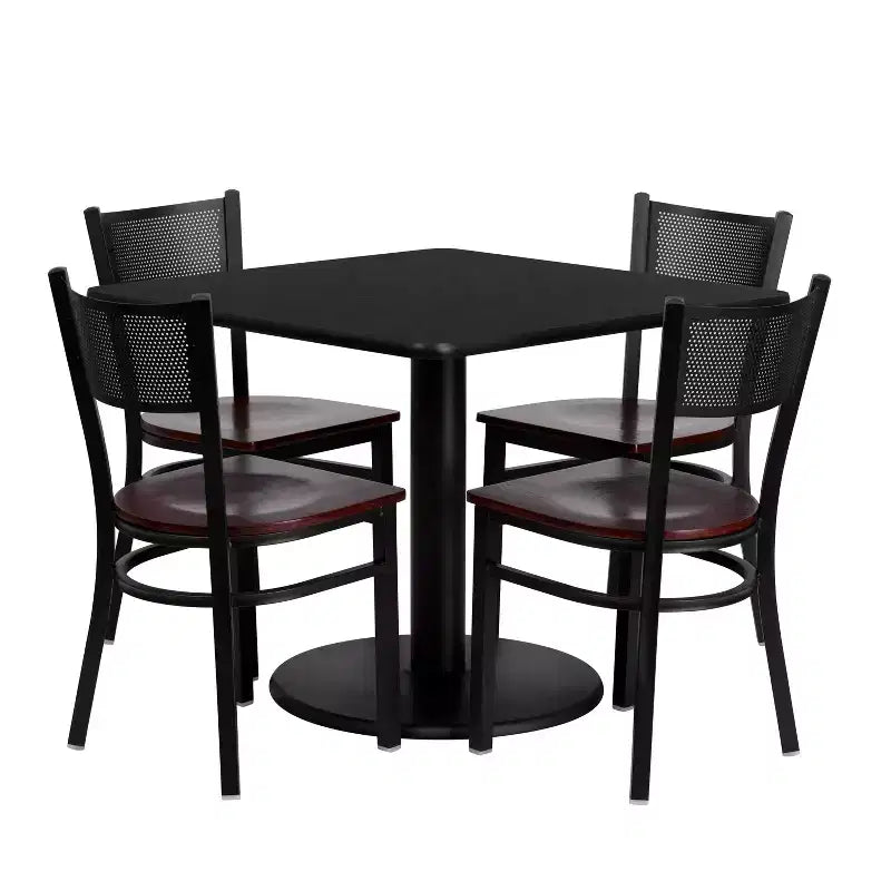 Emma and Oliver 36 Square Black Laminate Table Set, 4 Grid Back Metal Chairs