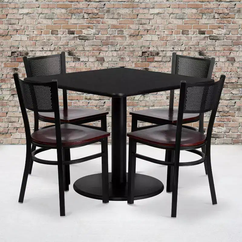 Emma and Oliver 36 Square Black Laminate Table Set, 4 Grid Back Metal Chairs