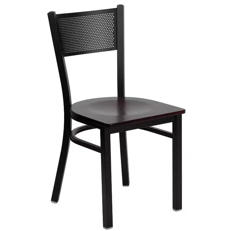 Emma and Oliver 36 Square Black Laminate Table Set, 4 Grid Back Metal Chairs