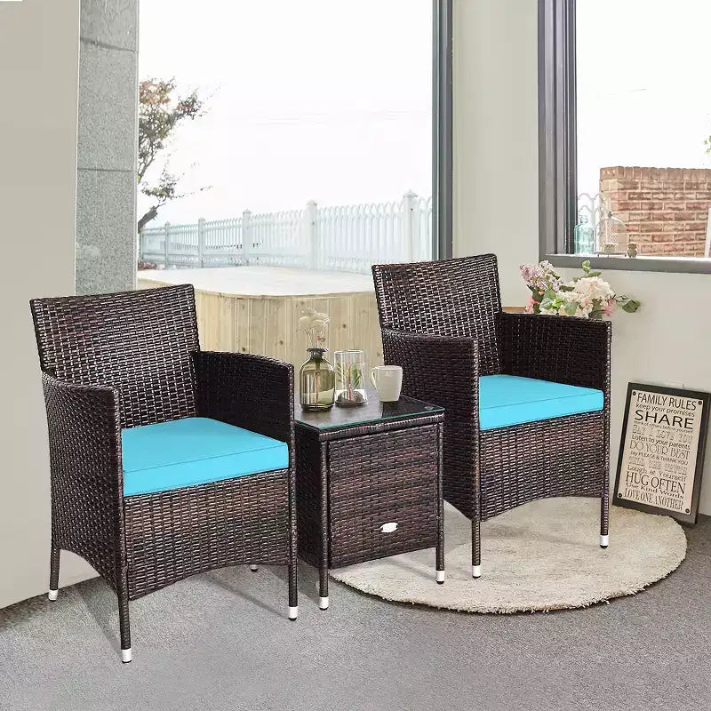 Costway Outdoor 3 PCS PE Rattan Wicker Furniture Sets Chairs Coffee Table Garden