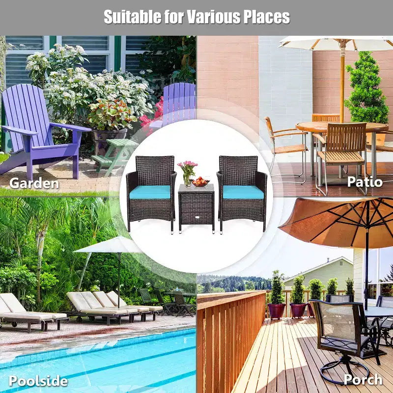 Costway Outdoor 3 PCS PE Rattan Wicker Furniture Sets Chairs Coffee Table Garden
