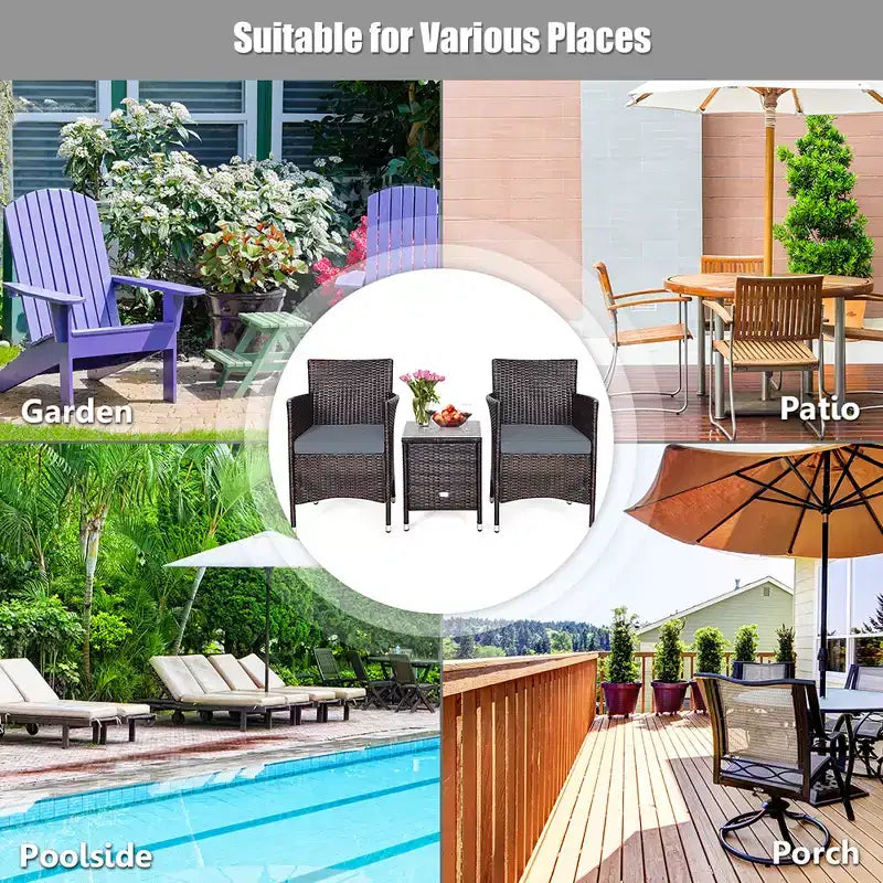 Costway Outdoor 3 PCS PE Rattan Wicker Furniture Sets Chairs Coffee Table Garden