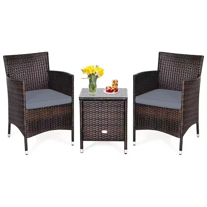 Costway Outdoor 3 PCS PE Rattan Wicker Furniture Sets Chairs Coffee Table Garden
