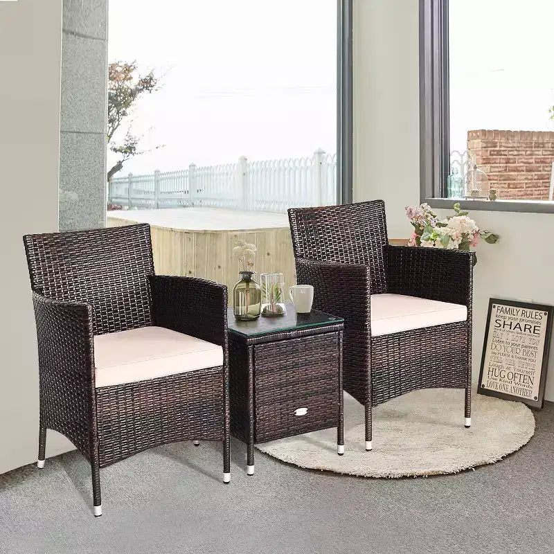 Costway Outdoor 3 PCS PE Rattan Wicker Furniture Sets Chairs Coffee Table Garden