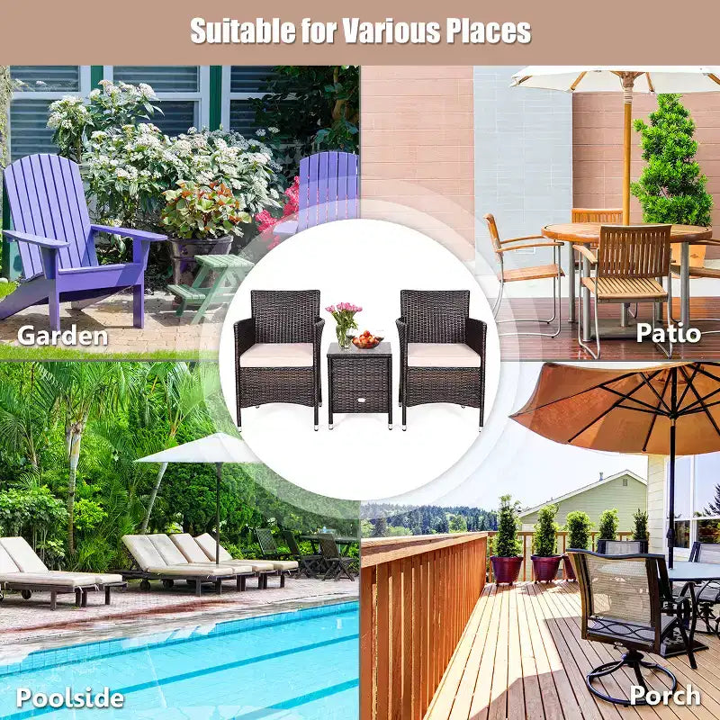 Costway Outdoor 3 PCS PE Rattan Wicker Furniture Sets Chairs Coffee Table Garden