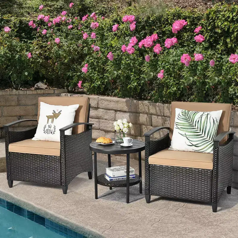 Costway Ensemble de Meubles de Jardin 3 Pièces en Rotin avec Canapé Coussiné Table de Rangement avec Étagère