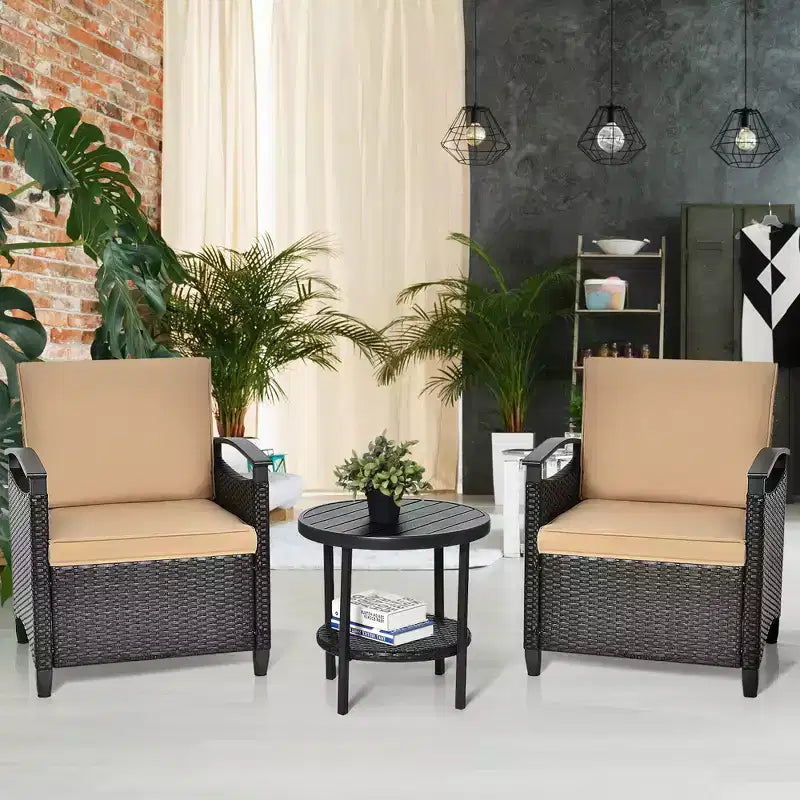 Costway Ensemble de Meubles de Jardin 3 Pièces en Rotin avec Canapé Coussiné Table de Rangement avec Étagère