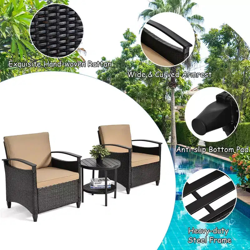 Costway Ensemble de Meubles de Jardin 3 Pièces en Rotin avec Canapé Coussiné Table de Rangement avec Étagère