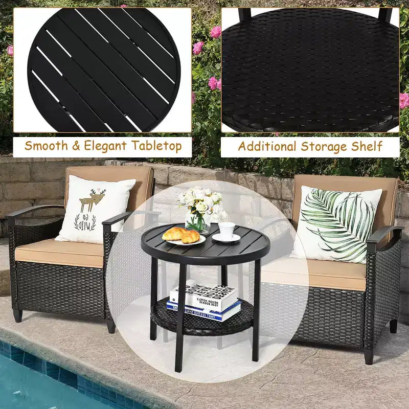 Costway Ensemble de Meubles de Jardin 3 Pièces en Rotin avec Canapé Coussiné Table de Rangement avec Étagère