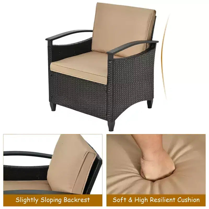 Costway Ensemble de Meubles de Jardin 3 Pièces en Rotin avec Canapé Coussiné Table de Rangement avec Étagère
