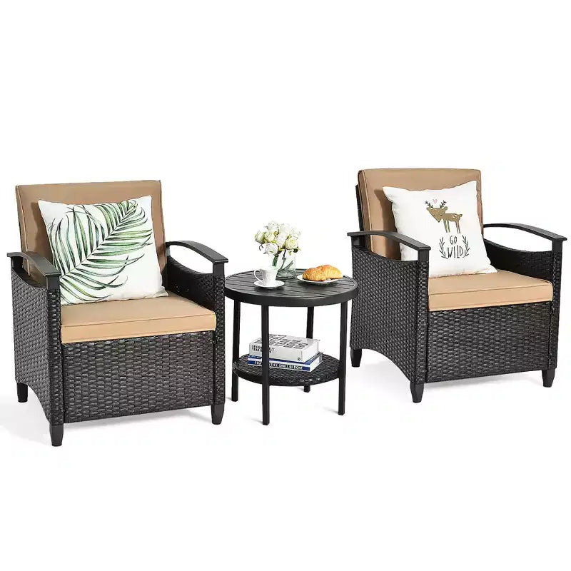 Costway Ensemble de Meubles de Jardin 3 Pièces en Rotin avec Canapé Coussiné Table de Rangement avec Étagère