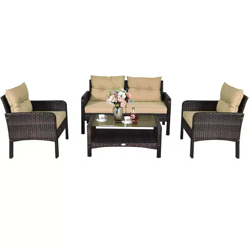 Costway 4PCS Patio Rattan Furniture Set Loveseat Sofa Coffee Table Sofa w/Cushion Garden