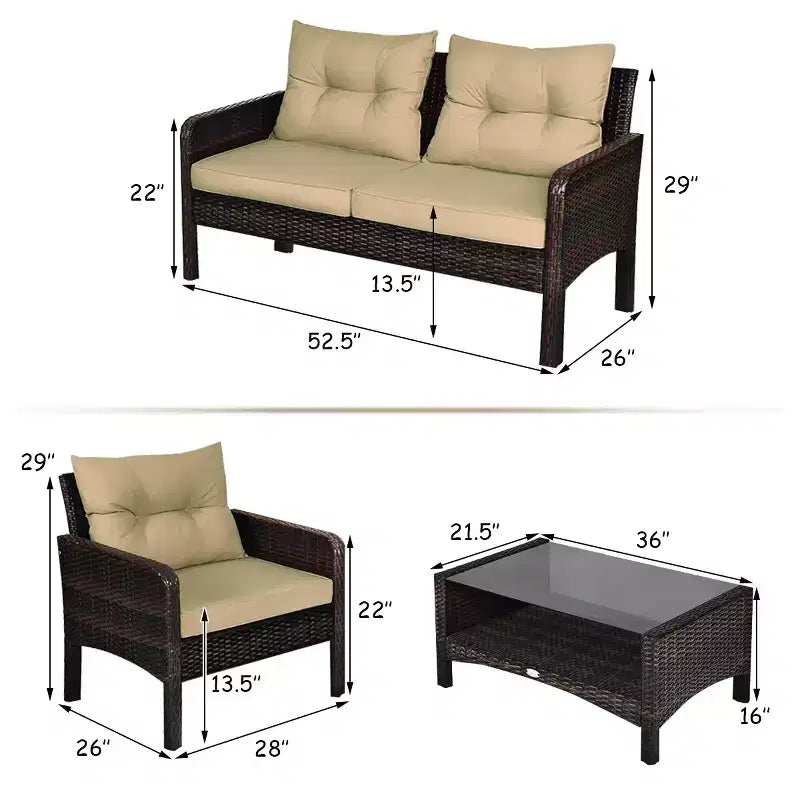 Costway 4PCS Patio Rattan Furniture Set Loveseat Sofa Coffee Table Sofa w/Cushion Garden