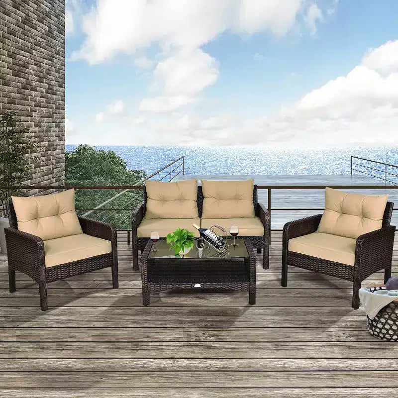 Costway 4PCS Patio Rattan Furniture Set Loveseat Sofa Coffee Table Sofa w/Cushion Garden