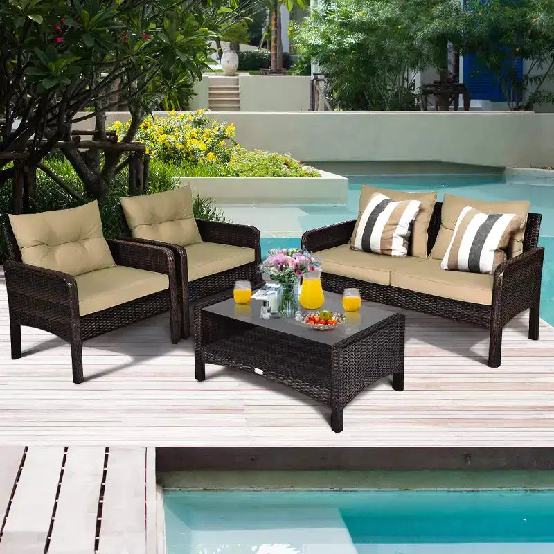 Costway 4PCS Patio Rattan Furniture Set Loveseat Sofa Coffee Table Sofa w/Cushion Garden