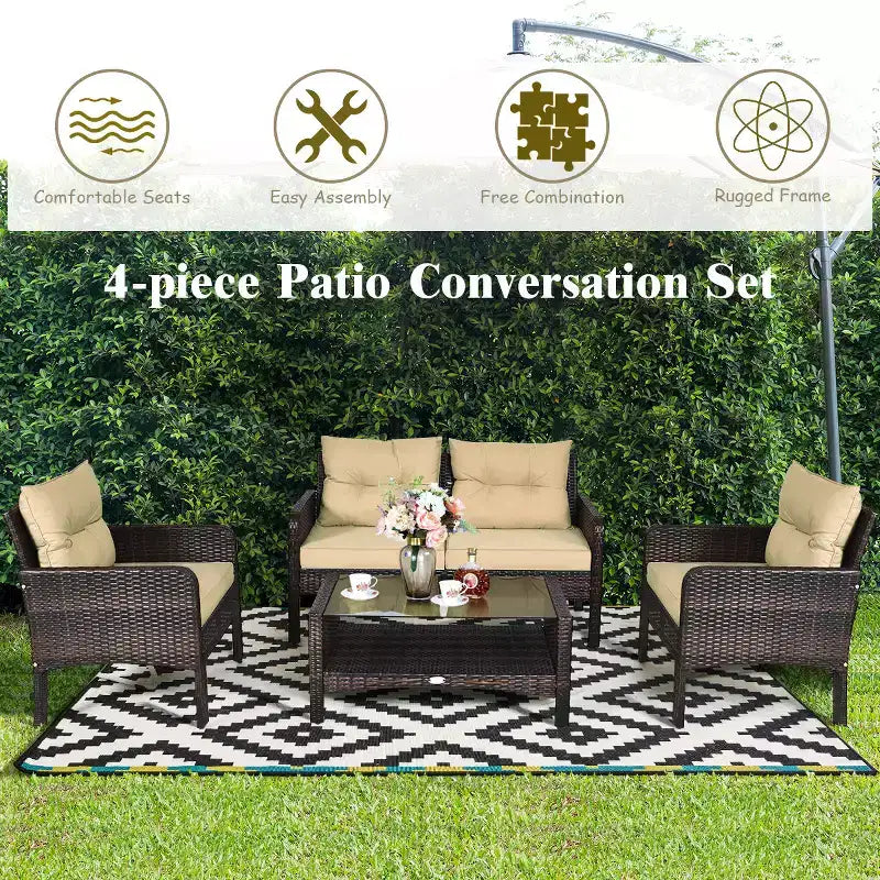 Costway 4PCS Patio Rattan Furniture Set Loveseat Sofa Coffee Table Sofa w/Cushion Garden