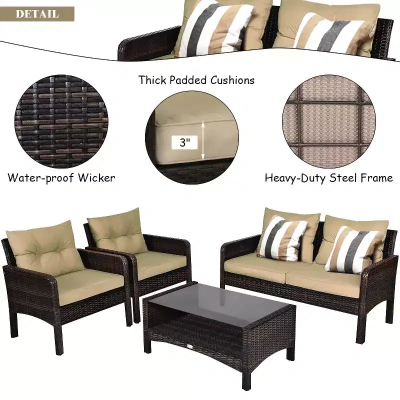 Costway 4PCS Patio Rattan Furniture Set Loveseat Sofa Coffee Table Sofa w/Cushion Garden