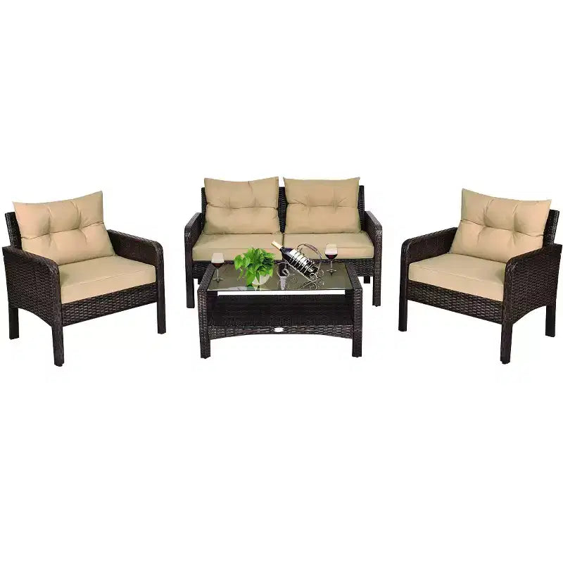 Costway 4PCS Patio Rattan Furniture Set Loveseat Sofa Coffee Table Sofa w/Cushion Garden