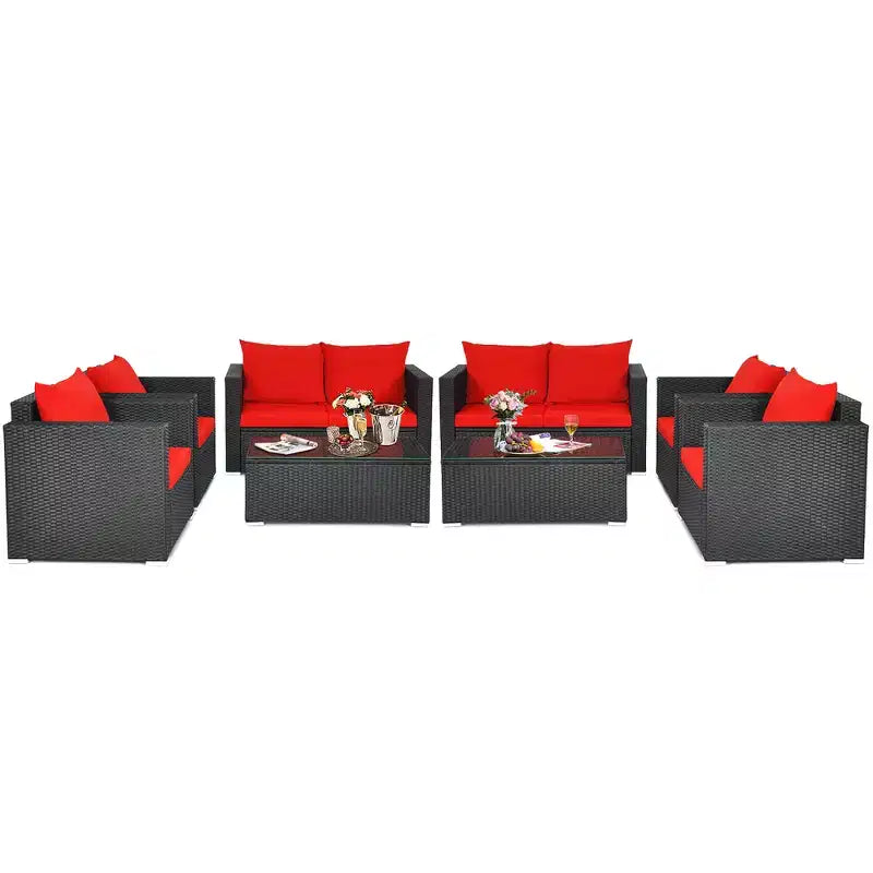 Costway 8PCS Patio Rattan Furniture Set Cushioned Sofa Chair Coffee Table Turquoise\Red\Black
