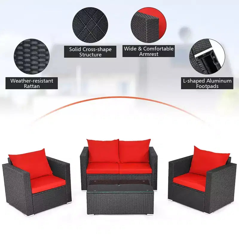 Costway 8PCS Patio Rattan Furniture Set Cushioned Sofa Chair Coffee Table Turquoise\Red\Black