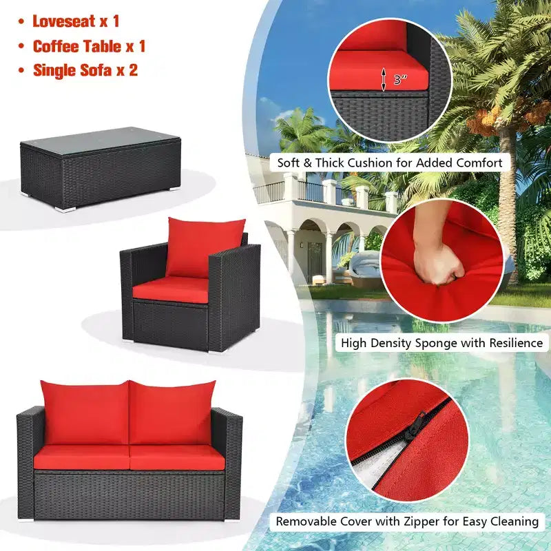 Costway 8PCS Patio Rattan Furniture Set Cushioned Sofa Chair Coffee Table Turquoise\Red\Black